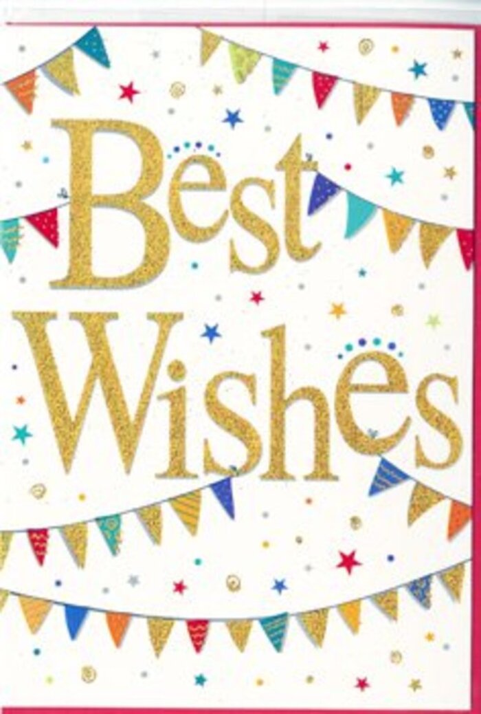 The congratulations card is designed like a miniature street party, distilled into a single sheet of bright white card that glows cleanly against its surroundings. In the centre, the words "Best Wishes" sweep across in lustrous gold, the lettering slightly embossed so it appears to rise gently from the surface. The gold has a soft, glittering effect, similar to the way evening light can catch the windows of homes around Somers Town, giving the message a touch of luxury without feeling overdone. Each letter curves gracefully, forming a script that feels both celebratory and personal, as if carefully written with a favourite pen. Framing this central greeting are flowing arcs of bunting that stretch from one side of the card to the other. The pennants are small but vivid, painted in bright blues, reds, greens, yellows, and purples, each triangle slightly different, some with playful dots, others with narrow stripes or tiny mosaic-like details that suggest careful, creative craftsmanship. These garlands echo the kind of decorations you might see at a local school fête or a community gathering near Somers Town Community Centre. Between and around the bunting strings, tiny dots and star-shaped motifs are sprinkled like confetti, varying in size and tone so they feel dynamic rather than static. Some appear to shimmer subtly, suggesting metallic inks catching soft indoor light. The overall effect is one of joyful anticipation and heartfelt positivity, ideal for sending with celebratory flowers to congratulate a friend on a new role, toast an exam success, or wish someone luck for a new adventure. The balance of vivid decoration and clear white space keeps the card feeling fresh, modern, and inclusive.