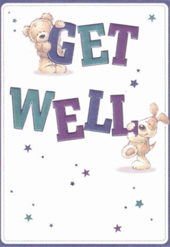 There's a sense of gentle encouragement woven through the vivid artistry of this get well card-a feature that feels perfectly at home in Somers Town's warm community. At centre stage, a friendly teddy bear perches gracefully atop the bold word 'GET,' its plush paws anchoring the message, while a perky puppy cozies up, nuzzling the robust 'WELL' below. Their rounded, inviting forms and sparkling faces glow with an honest, uplifting spirit, reminiscent of the tranquil moments enjoyed in the quiet corners of Somers Gardens. The text, painted in rich gradients of purple and teal, contrasts beautifully against a creamy-white background, suggesting both clarity and optimism-qualities much needed when supporting someone feeling under the weather. Playfully scattered stars shimmer in shades of blue and violet, evoking magic and the comforting promise of recovery. The scene is imbued with an essence familiar to any local florist: each detail is thoughtfully positioned, much like the careful layering of blooms in a cheerful get well bouquet ready for delivery to a friend in Mornington Crescent. There's a calm here, a blend of care and vibrancy that turns a simple message into a heartfelt gesture, sure to brighten any hospital room or home throughout Somers Town.