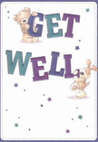 Brimming with warmth and joy, this get well card radiates a gentle optimism that echoes the spirit of Somers Town. Two delightful characters-a teddy bear with inviting, downy fur and a playful pup with long, soft ears-leap to life as they support the grand, colourful text spelling 'Get Well.' Hues of indigo and teal unfurl across the hand-drawn letters, vividly standing out against a creamy, luminous backdrop. Scattered among these are twinkling stars in shimmering purples and tranquil blues, lending an air of playful hope, reminiscent of the twilit glow over Tavistock Place. The illustration's textures are so lovingly rendered that one can almost sense the comfort of a bear hug or the gentle nuzzle from a devoted pup, as if these two friends embody the warmth Somers Town Florist pours into every bouquet. This card doesn't just communicate recovery wishes-it serves as an emotional balm, its thoughtful artistry and message combining to uplift and soothe. Perfect for sending cheer to loved ones from one end of Somers Town to the other, it encapsulates the region's caring heart in every brushstroke.